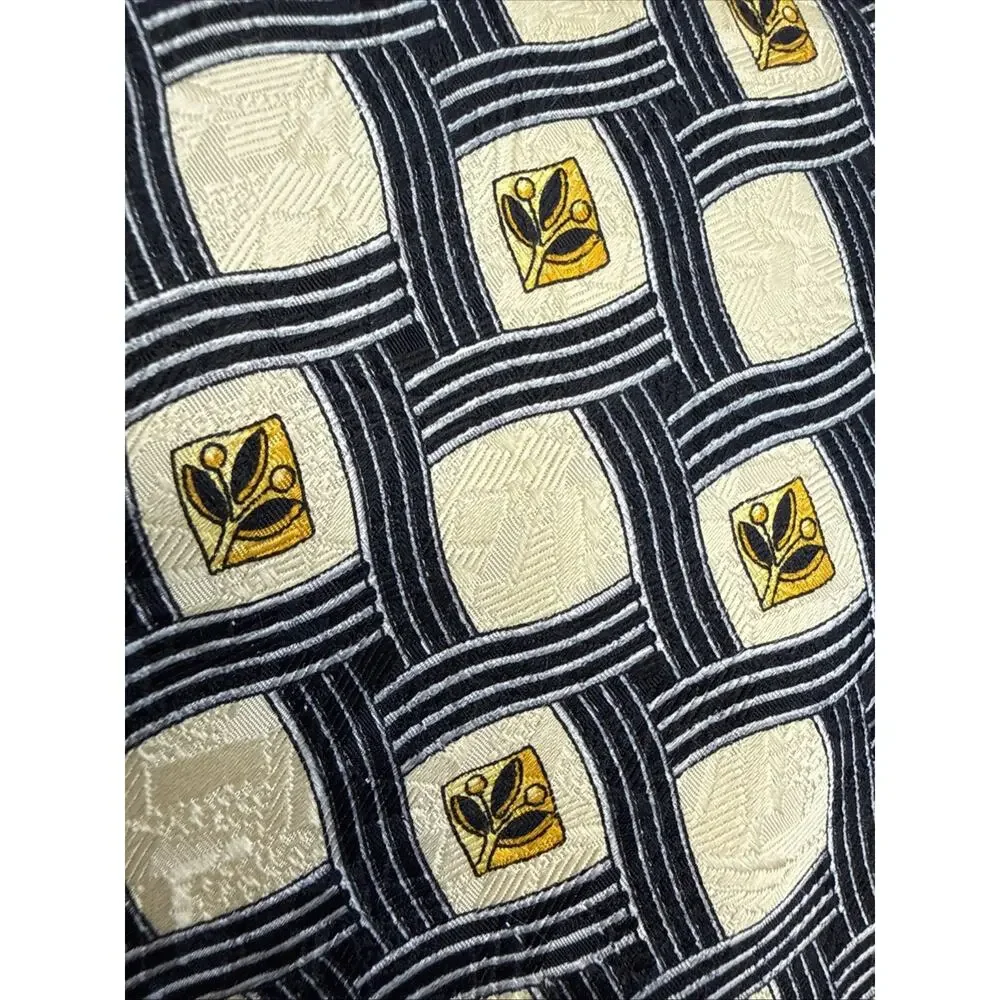 Ermenegildo Zegna Silk Tie Italy Ivory Black Gold Geometric Lattice Medallion
